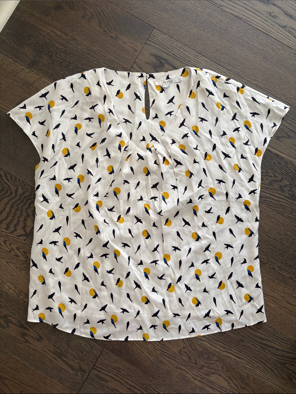 BODEN Women White Printed Cap-Sleeve Blouse with Yellow Dot & Bird Motif US 14